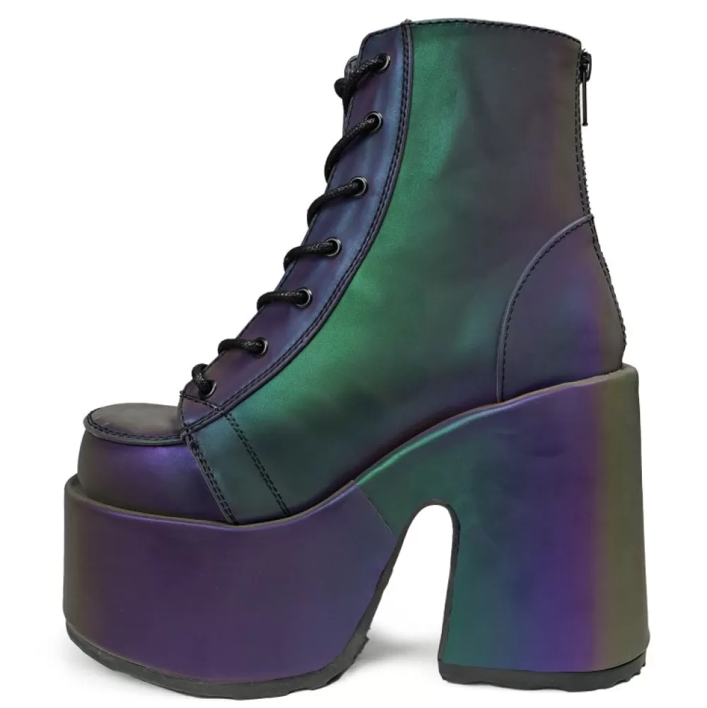 DemoniaCult Platform Shoes< Camel-203 Multi Reflective Green