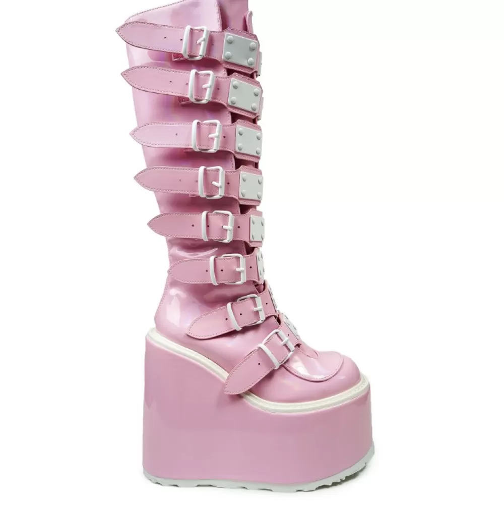 DemoniaCult Knee-High Boots< Swing-815 Baby Hologram Pink