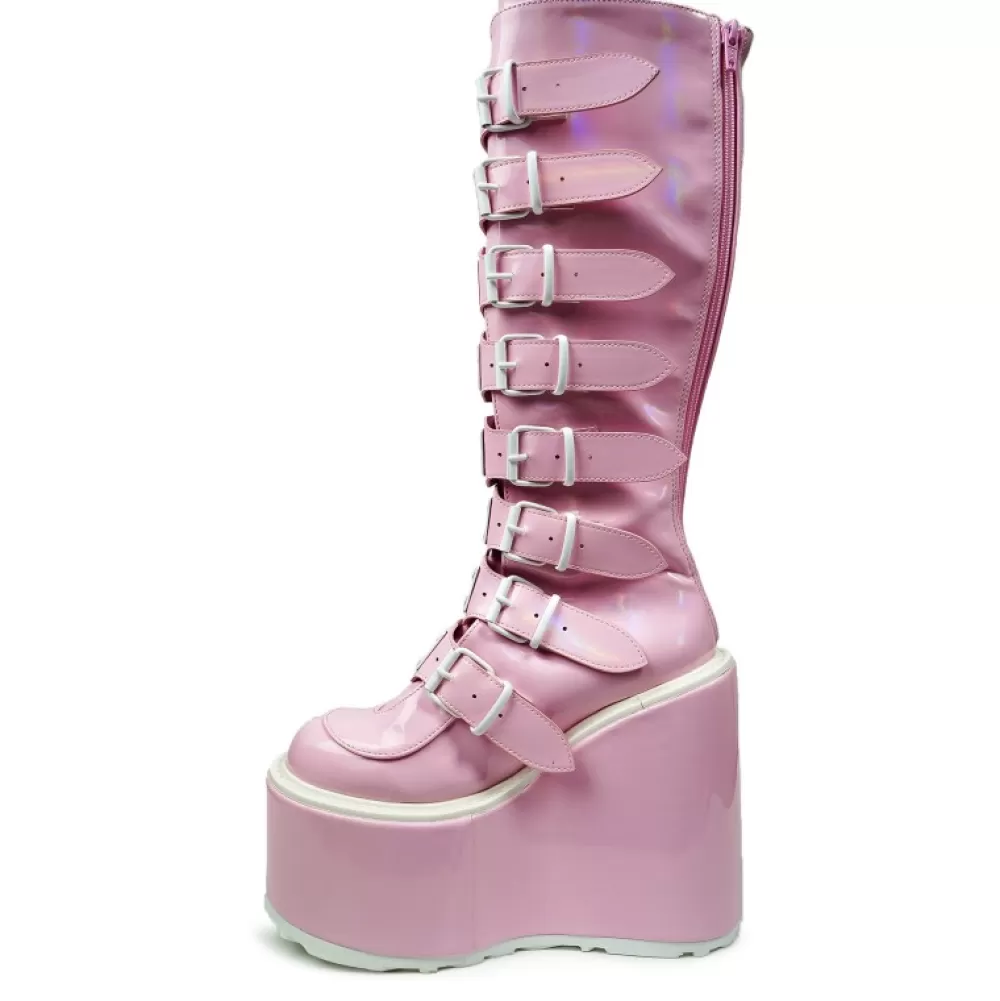 DemoniaCult Knee-High Boots< Swing-815 Baby Hologram Pink